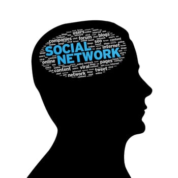 Silhouette head with social network cloud on white background.