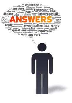 Paper man with answers bubble on white background.