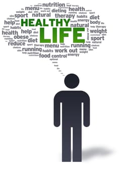Paper man with healthy life bubble on white background.