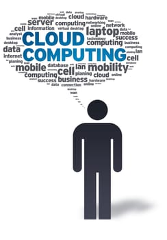 Paper man with cloud computing bubble on white background.