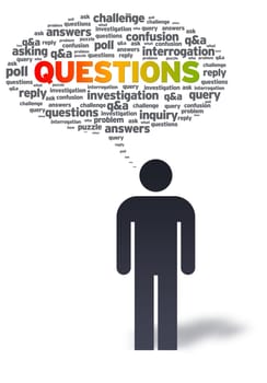 Paper man with questions bubble on white background.