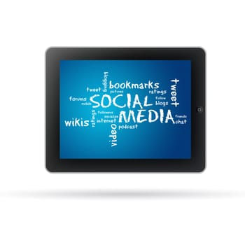 Social Media Tablet PC with words and text on white background.