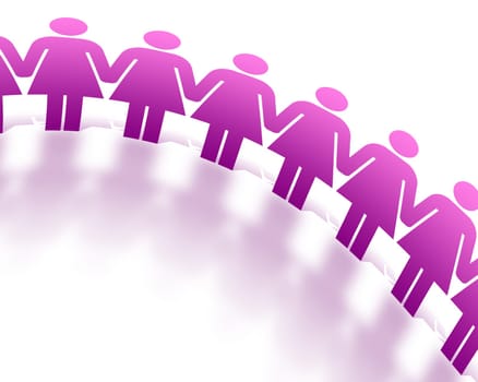 Pink Women figures holding hands on white background.