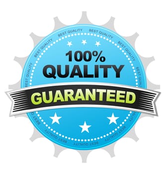 Blue 100& Quality Button on white background.