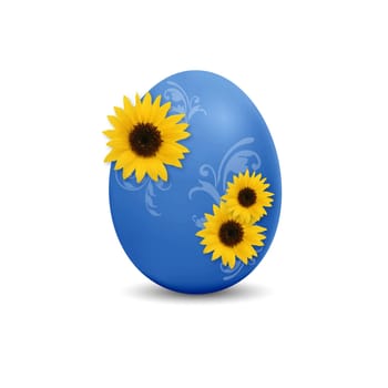 High resolution blue easter egg with sunflowers on white background