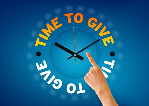 Hand pointing at a time to give clock illustration on blue background.