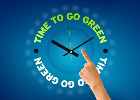 Hand pointing at a Time for go green clock illustration on blue background.
