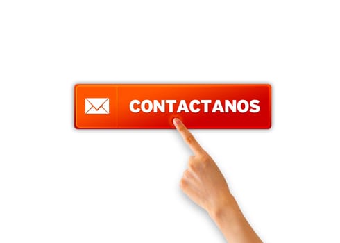 Hand pointing at a Contactanos Icon on white background.