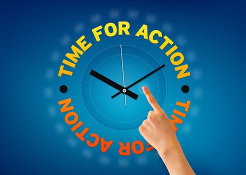 Hand pointing at a Time for Action clock on blue background.