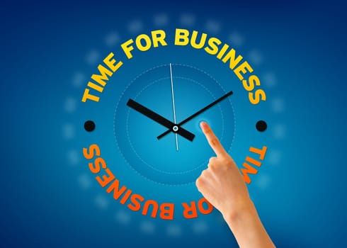Hand pointing at a Time for Business clock on blue background.