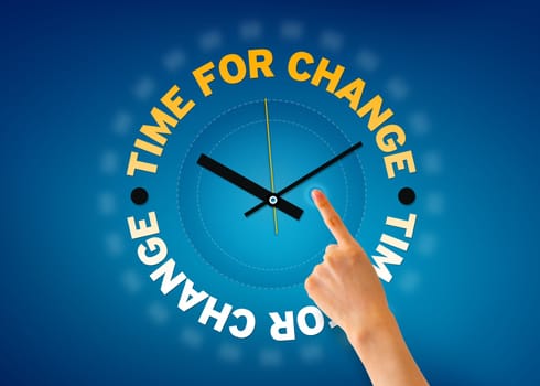 Hand pointing at a time for change clock illustration on blue background.