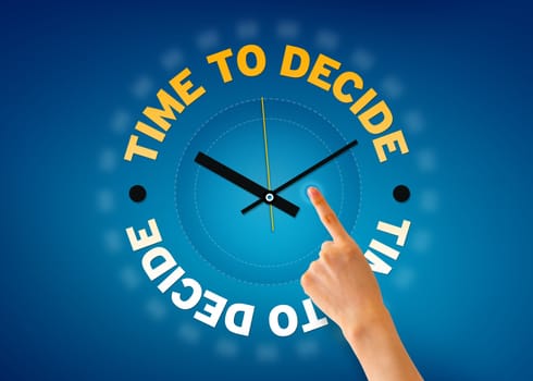 Hand pointing at a Time to Decide clock illustration on blue background.