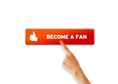 Hand pointing at an orange Become A Fan icon.