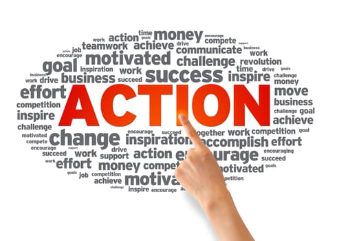 Hand pointing at a Action Word Cloud on white background.