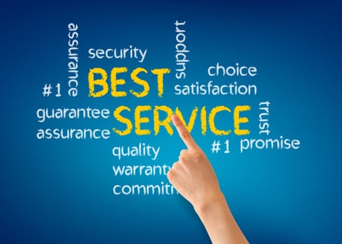 Hand pointing at a Best Service word illustration on blue background.