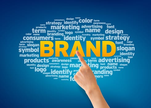 Hand pointing at a Brand Word Cloud on blue background.