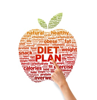 Hand pointing at a Diet Plan Word illustration on white background.