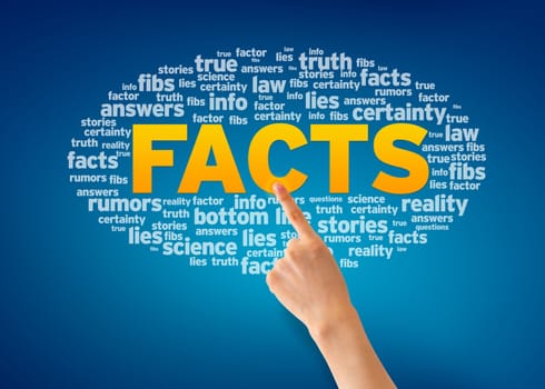 Hand pointing at a Facts Word Cloud on blue background.