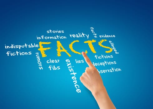 Hand pointing at a facts illustration on blue background.