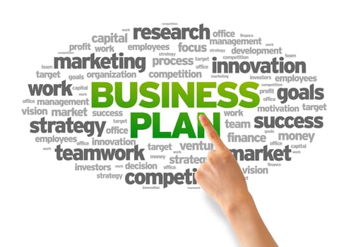 Hand pointing at a Business Plan Word Cloud on white background.