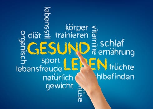 Hand pointing at a Gesund Leben word illustration on blue background.
