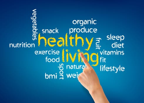 Hand pointing at a Healthy Living illustration on blue background.