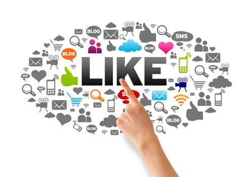 Hand pointing at a I Like Icon Cloud on white background.