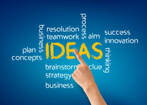 Hand pointing at a Ideas word illustration on blue background.