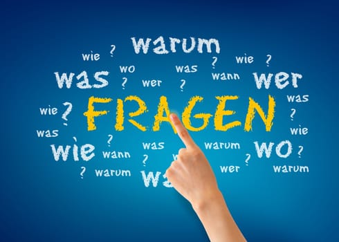 Hand pointing at a Fragen illustration on blue background.