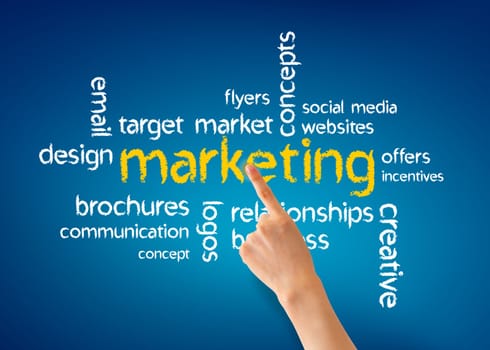 Hand pointing at a Marketing word illustration on blue background.