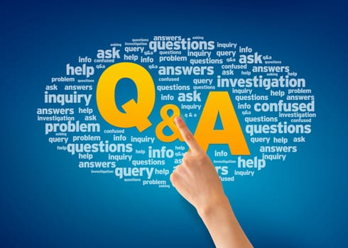 Hand pointing at a Question and Answer word cloud.