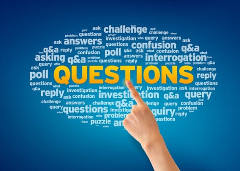 Hand pointing at a Questions word Cloud on blue background.