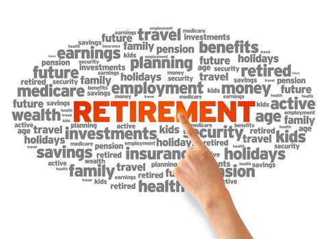 Hand pointing at a Retirement Word Cloud on white background.