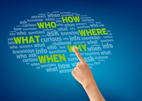 Finger pointing of a question cloud on blue background.