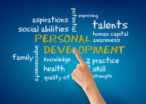 Hand pointing at a Personal Development word illustration on blue background.