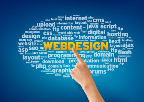 Hand pointing at a webdesign word cloud on blue background.