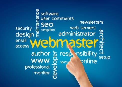 Hand pointing at a webmaster illustration on blue background.