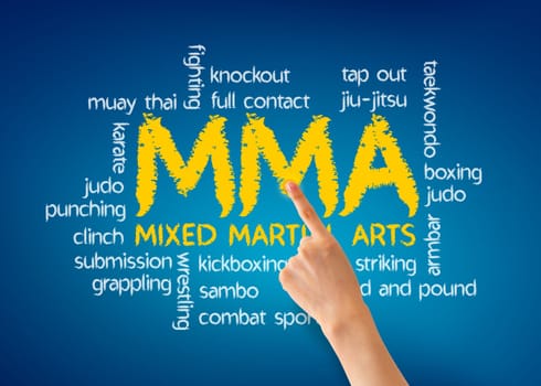 Hand pointing at a Mixed Martial Arts illustration on blue background.