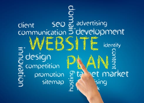 Hand pointing at a Website Plan word illustration on blue background.