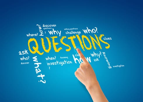 Hand pointing at a questions illustration on blue background.