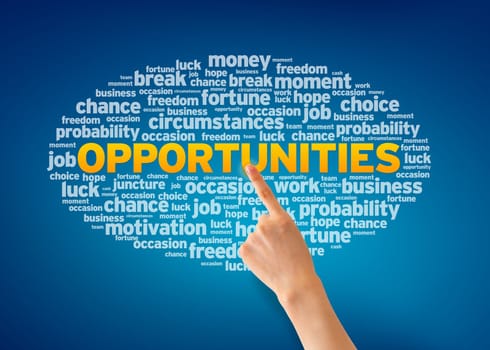 Hand pointing at a Opportunities word cloud on blue background.