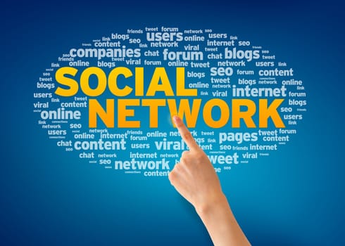 Hand pointing at a Social Network Word Cloud on blue background.