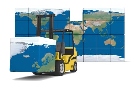 Concept of global transportation, modern yellow forklift carrying piece of global map, isolated on white background. Elements of this image furnished by NASA.