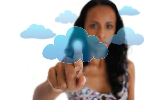Young latin woman pointing with a finger at a cloud.