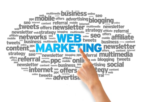 Hand pointing at a Web Marketing Word illustration on white background.