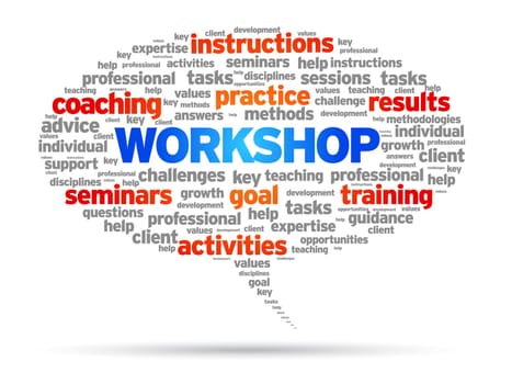 Workshop speech bubble illustration on white background.