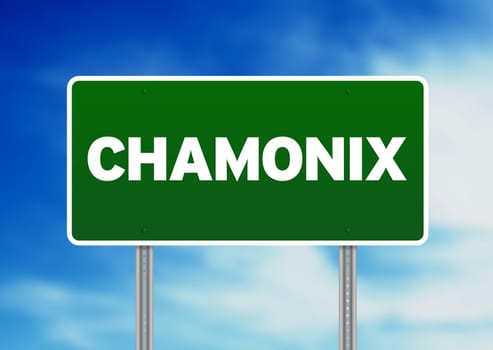Green Chamonix-Mont-Blanc, France highway sign on Cloud Background.
