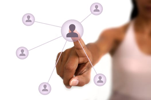 Female hand connecting several social media icons.