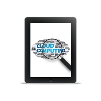 Tablet PC with cloud computing words on white background.
