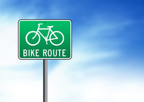 Green Bike Route Road Sign on Cloud Background.